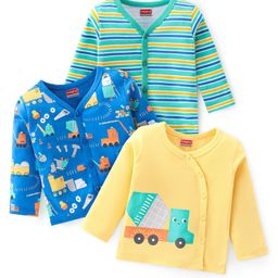 Babyhug 100% Cotton Full Sleeves Vests Stripes and Construction Print Pack of 3 - Blue Green and Yellow-image-93