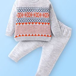 Babyhug Knitted Full Sleeves Sweater Set Floral Design - White & Orange-image-44