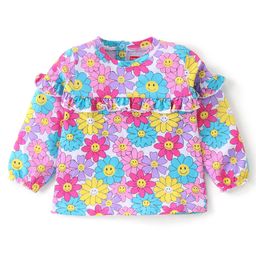 Babyhug Cotton Knit Full Sleeves Tee  & Frill Detailing Floral Print- Pink Purple & Blue-picture-14