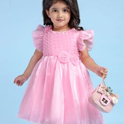 Babyhug Woven Frill Sleeves Solid Textured Dress with Bow Applique - Pink-image-57