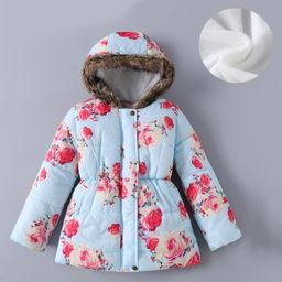 Kookie Kids Full Sleeves Padded Hooded Jacket with Floral Print & Pockets - Light Blue-image-85