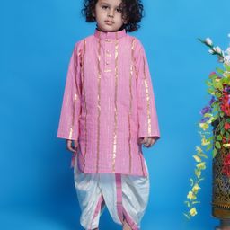 Little Bansi Cotton Full Sleeves Foil Striped Embellished Kurta With Pearl Buttons & Coordinating Dhoti - Pink-image-82