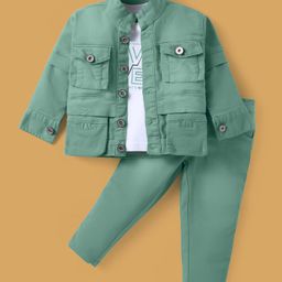 Robo Fry Cotton Woven Text Printed T-Shirt & Trouser Set With Full Sleeves Jacket - Light Blue-image-111