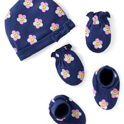 Babyhug 100% Cotton Cap Mittens & Booties Set Flower & Smiley Print - Navy Blue-image-13
