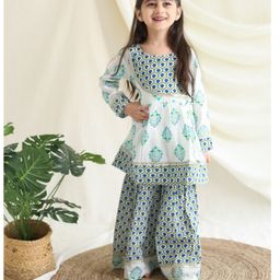KLINGARU Cotton Full Sleeves Flower Printed Kurta PantSet - White-image-5