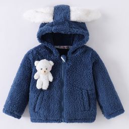 Kookie Kids Full Sleeves Hooded Winter Fur Jacket With Bunny & Ears Applique - Blue-picture-32