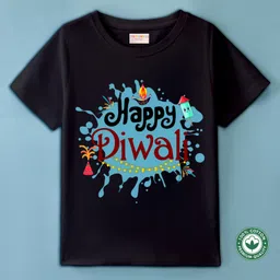 BLUSHES Diwali Theme 100% Cotton Half Sleeves Happy Diwali Text Printed Tee - Black-picture-42