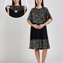 True Shape Embosis Hosiery Half Batwing Sleeves Floral Foil Printed Maternity Poncho Dress With Nursing Access - Black-17