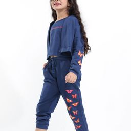 Ollington St. Cotton Printed Full Sleeves Jacket & Joggers With Inner Top - Navy-image-42