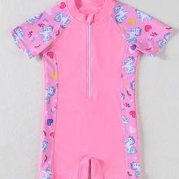Babyhug Half Raglan Sleeves Legged Swimsuit With Unicorn Print - Pink-29