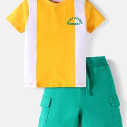 Babyhug Single Jersey Knit Half Sleeves T-Shirt & Shorts Set with Color Block & Text Print - White Yellow & Green-picture-0