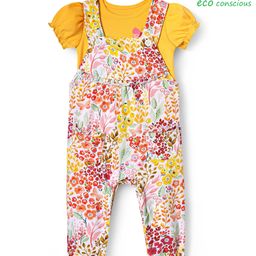 Babyoye 100% Cotton Knit Half Puffed Sleeves Inner Tee & Dungaree with Floral Print - Yellow & White-image-79