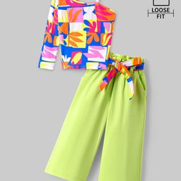 OLLINGTON ST. Cotton Lycra Tropical Theme Printed One Shoulder Top with Culottes- Multicolor & Lime-image-93