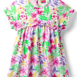 Babyhug Cotton Woven Half Sleeves Frock with Floral Print & Frill Detailing - White-image-59