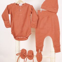 Mom's Home Organic Cotton Full Sleeves Solid Onesie With Joggers Cap Mittens & Booties Set - Muddy Brown-image-71