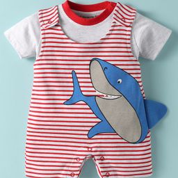 Wonderchild Shark Printed Striped Romper With Half Sleeves Solid Tee - Light Melange-image-30