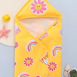 Babyhug Terry Knit Hooded Towel With Floral & Rainbow Print L 76.2 x B 76.2 cm - Yellow-image-16