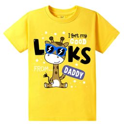 KAVEE Pure Cotton Half Sleeves Giraffe & I Get My Good Looks From Daddy Text Printed Bio Washed Tee - Yellow-image-1