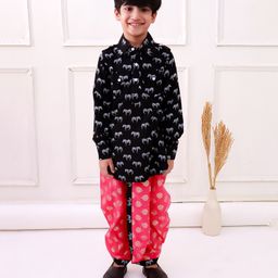 Twisha Rayon Woven Full Sleeves Zebra Printed Kurta Dhoti Set - Black & Coral-picture-34
