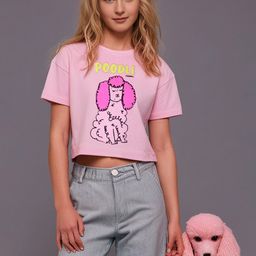 Cherry Crumble By Nitt Hyman Cotton Knit Half Sleeves Dog Printed Crop Tee - Pink-image-2