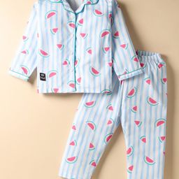Enfance Core Full Sleeves Striped & Watermelon Printed Coordinating Night Suit Set - Blue-picture-39