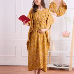 Bella Mama Cotton Woven Half Sleeves Maternity Kaftan Nighty with Floral Print - Yellow-picture-13