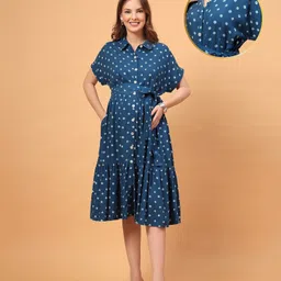 Zelena Nancy 100% Rayon Woven Half Sleeves Tie Dye Maternity Shirt Style Dress With Centre Front Nursing Access - Blue-picture-7