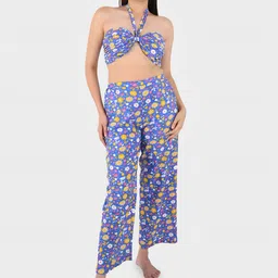 Blissence Floral Printed Halter Neck Crop Top & Trousers-image-19