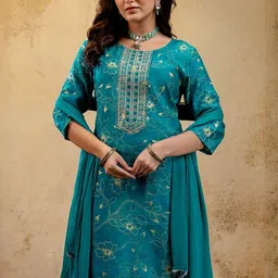 SANISA Women Cotton Blended Teal Blue Floral Printed Regular Thread Work Kurta Set-picture-22