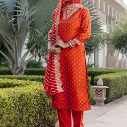 KALINI Women Bandhani Printed Regular Thread Work Kurta with Trousers & With Dupatta-14