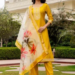 KALINI Floral Embroidered Round Neck Straight Kurta With Trousers & Dupatta-picture-47