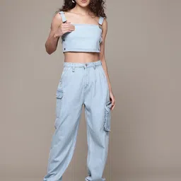 The Roadster Lifestyle Co. Acid Washed Denim Crop Top with Cargo Style Joggers-image-2