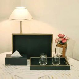 CasaGold Set of 2 Leather Tray Tissue Holder Set - Green-29
