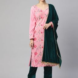 SHADES Ethnic Motifs Chikankari Thread Work Velvet Straight Kurta with Trousers-picture-32