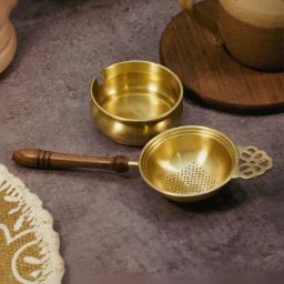 Ambi Exquisite Matte Finish 2 Pc Brass Large Tea Strainer With Resting Pot-image-44