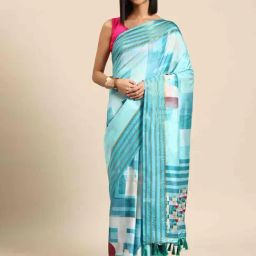 Silk Land Blue Silk Blend Block Print Saree With Unstiched Blouse-image-60