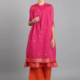 W Pink & Orange Solid Kurti Palazzo Set With Jacket-image-3