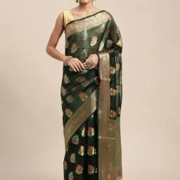 Blissta Bottle Green Floral Print Kanjeevaram Saree With Unstitched Blouse-picture-14