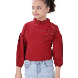 poplins Kids Maroon Cotton Embellished Full Sleeves Top-image-30