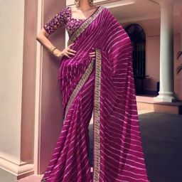 Satrani Purple & White Leheriya Print Georgette Saree With Unstitched Blouse-image-31