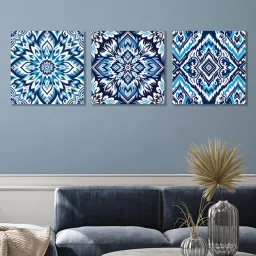 Nestroots Blue and White Tile Collection Call Stretch Canvas Frame Wall Painting - Set of 3 image 1