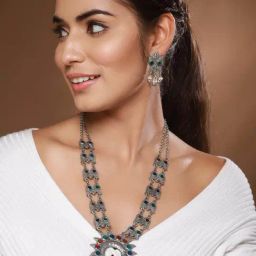 Aatmana Silver-Plated Stone Studded & Beaded Blue & Orange Meenakari Jewellery Set for Women-6
