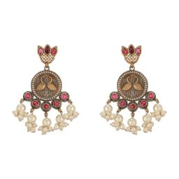 Saraf RS Jewellery Oxidised Dual Tone Red Stone Pearl Peacock Handcrafted Chandbali Earrings-picture-2