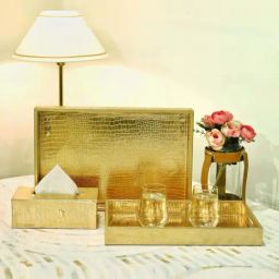 CasaGold Set of 2 Leather Tray With Tissue Holder Set - Rose Gold-32