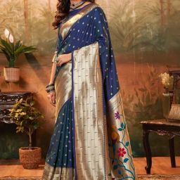 Satrani Navy Silk Woven Saree With Unstitched Blouse-image-21