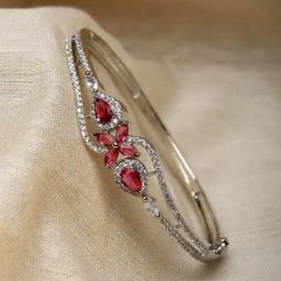 Zeneme Rhodium Plated Silver Toned Red American Diamond Openable Bracelet-picture-16