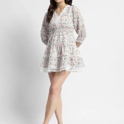 MADAME Off White & Pink Cotton Floral Print Fit & Flare Dress-image-6