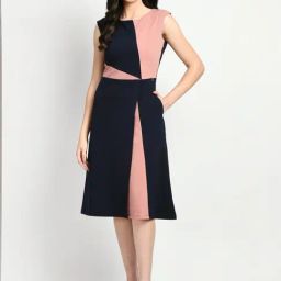 Exude Pink & Navy Plain Wrap A-Line Dress-image-13