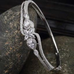 Zeneme Rhodium Plated Silver Toned White American Diamond Openable Bracelet-16