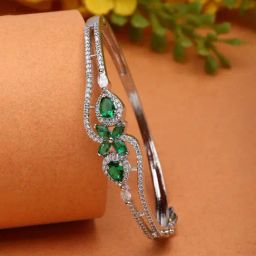 Zeneme Rhodium Plated Silver Toned Green American Diamond Openable Bracelet-46